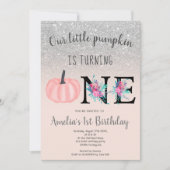 かわいい秋赤面シルバーリトルパンプキン1歳誕生日 招待状 (正面)