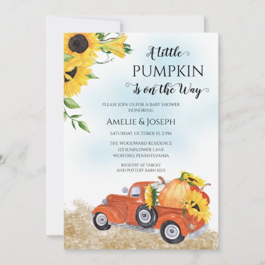 かわいい秋 |秋のカボチャ |トラックの赤ちゃんシャワー 招待状 (正面)