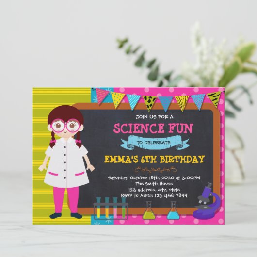 かわいい科学女の子誕生日の招待 招待状 (スタンド正面)
