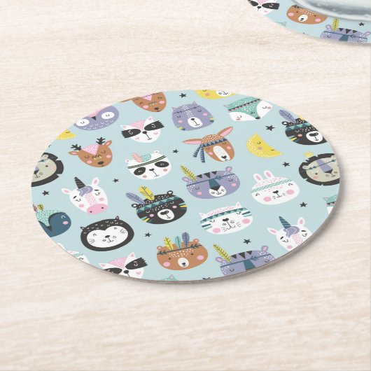 かわいい種族の顔パターン ラウンドペーパーコースター (アングル)