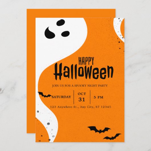 かわいい種類の幽霊とこうもりオレンジハローウィンパーティ 招待状 (正面/裏面)