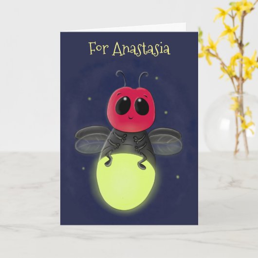 かわいい稲妻の虫ホタル漫画イラストレーション カード (黄色い花)