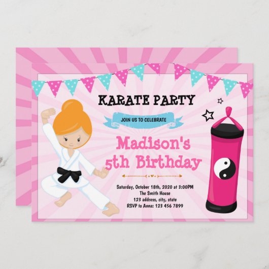 かわいい空手の誕生日のパーティの招待状 招待状 (正面/裏面)
