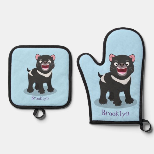 かわいい空腹タスマニア悪魔の漫画イラストレーション 鍋つかみ&鍋敷きセット (正面)