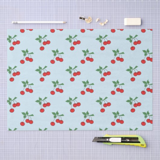 かわいい空色の赤いさくらんぼの写実的でモダンなさくらんぼ 薄葉紙 (クラフト)