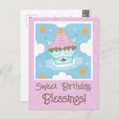 かわいい空飛ぶキティ猫の顔のカップケーキお誕生日おめでとう ポストカード (正面/裏面)