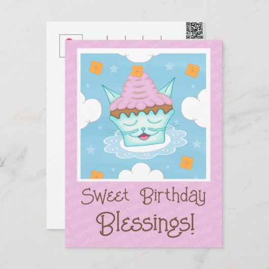 かわいい空飛ぶキティ猫の顔のカップケーキお誕生日おめでとう ポストカード (正面/裏面)