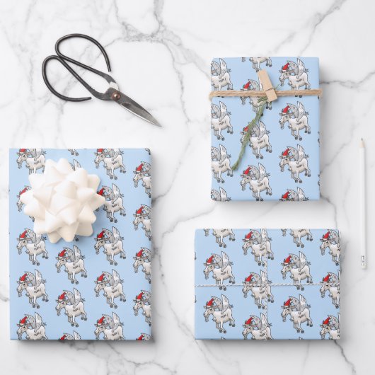 かわいい空飛ぶクリスマスのヤギ ラッピングペーパーシート (正面)