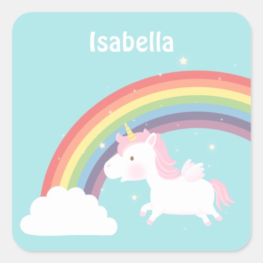 かわいい空飛ぶユニコーンの虹色デザイン 女の子用 スクエアシール (正面)
