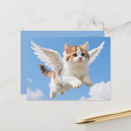 かわいい空飛ぶ子猫 ポストカード (正面/裏面インサイチュ)