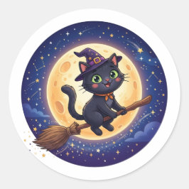 かわいい空飛ぶ魔女黒猫月ハロウィンステッカー ラウンドシール
