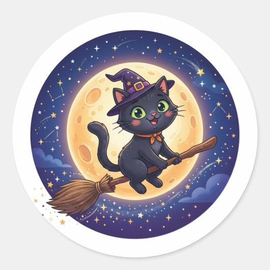 かわいい空飛ぶ魔女黒猫月ハロウィンステッカー ラウンドシール (正面)