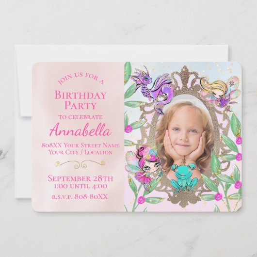 かわいい童話ガーデン妖精と鏡写真 招待状 (正面)
