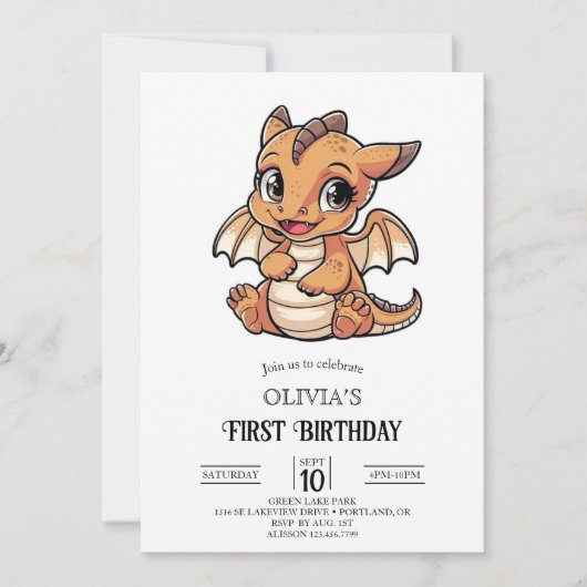 かわいい童話デジタルドラゴン1st誕生日 招待状 (正面)