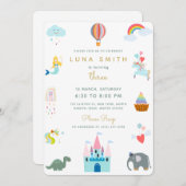 かわいい童話プリンセスドラゴンカラフル誕生日 招待状 (正面/裏面)