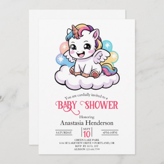 かわいい童話ユニコーン赤ちゃんシャワー 招待状 (正面/裏面)