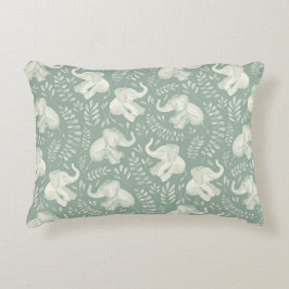 かわいい笑うゾウのクリームとセージのグリーン アクセントクッション