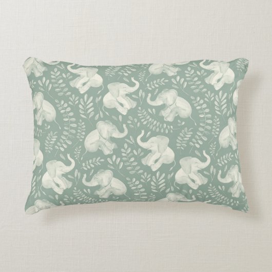 かわいい笑うゾウのクリームとセージのグリーン アクセントクッション (正面)