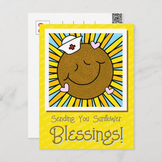 かわいい笑顔のひまわりナースの回復おめでとうカード ポストカード (正面/裏面)