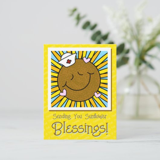 かわいい笑顔のひまわり看護師が早く回復してね ポストカード (スタンド正面)