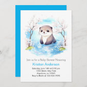 かわいい笑顔のオッターブルーフローラ男の子の赤ちゃんシャワー 招待状 (正面/裏面)