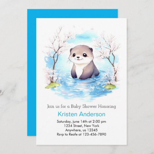 かわいい笑顔のオッターブルーフローラ男の子の赤ちゃんシャワー 招待状 (正面/裏面)