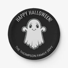 かわいい笑顔のオバケ ハッピーハロウィン モノクロ ペーパープレート
