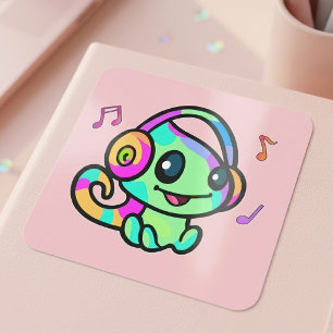 かわいい笑顔のカメレオンの赤ちゃんヘッドホン スクエアシール
