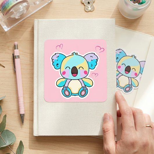 かわいい笑顔のコアラベイビーとハートマーク スクエアシール
