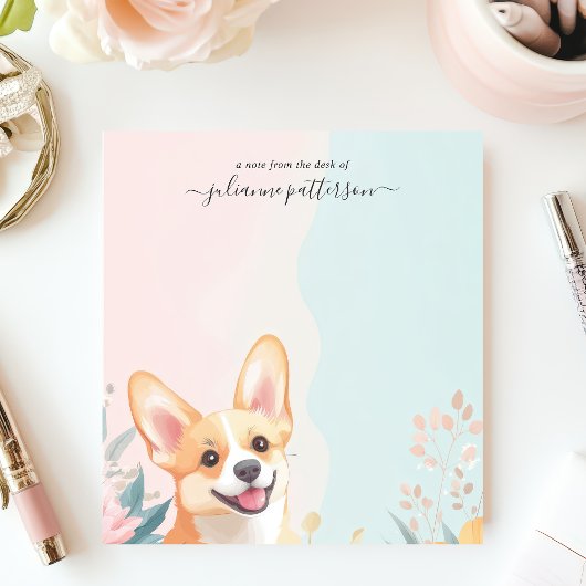 かわいい笑顔のコーギー犬の花の名前入り ノートパッド