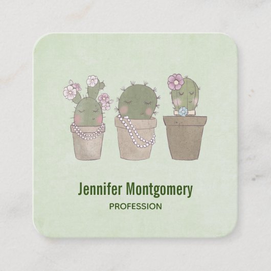 かわいい笑顔のサボテン着用ジュエリー水彩 スクエア名刺 (正面)
