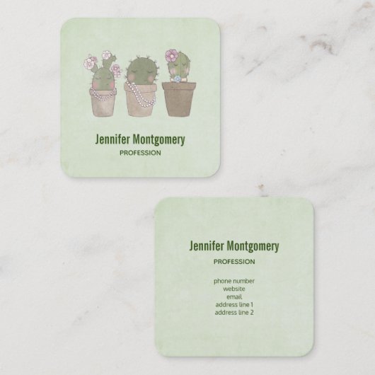 かわいい笑顔のサボテン着用ジュエリー水彩 スクエア名刺 (正面/裏面)