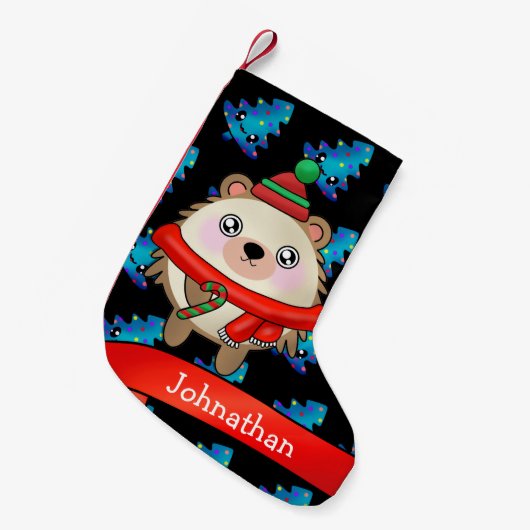 かわいい笑顔のサンタ帽子とハリネズミ スモールクリスマスストッキング (正面 (吊り時))