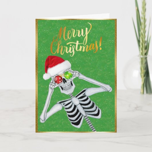 かわいい笑顔のスケルトンオーナメントサンタハットグリーン シーズンカード (正面)