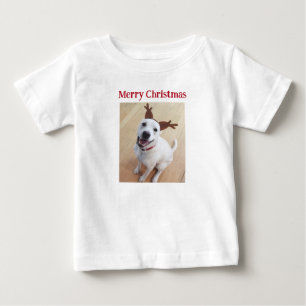 かわいい笑顔のトナカイ子犬のクリスマス ベビーTシャツ