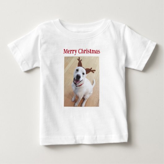 かわいい笑顔のトナカイ子犬のクリスマス ベビーTシャツ (正面)