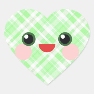 かわいい笑顔のハッピーな顔の緑のチェック柄 ハートシール