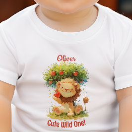 かわいい笑顔のライオンとアップルの木に名前を追加 ベビーTシャツ
