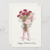 かわいい笑顔のヴィンテージバレンタインキュピッドとバラ シーズンカード (正面/裏面)