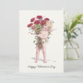 かわいい笑顔のヴィンテージバレンタインキュピッドとバラ シーズンカード (スタンド正面)