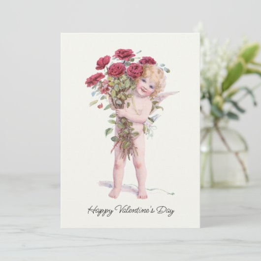 かわいい笑顔のヴィンテージバレンタインキュピッドとバラ シーズンカード (スタンド正面)
