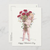 かわいい笑顔のヴィンテージバレンタインキュピッドとバラ シーズンポストカード (正面/裏面)