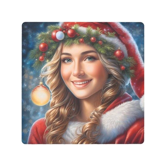 かわいい笑顔の少女サンタクロースフェスティバルホリデー メタルプリント (正面)