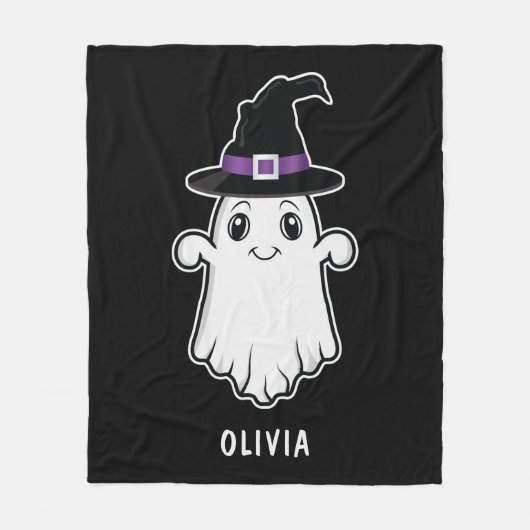 かわいい笑顔の幽霊ウィッチハットハロウィーン フリースブランケット (正面)