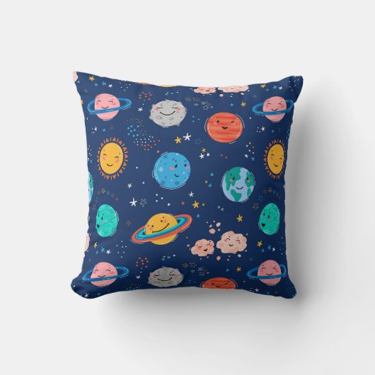 かわいい笑顔の惑星パターン クッション (正面)