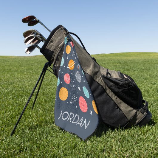 かわいい笑顔の惑星パターン ゴルフタオル (グリーン)