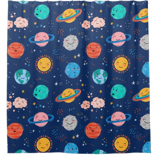 かわいい笑顔の惑星パターン シャワーカーテン (正面)