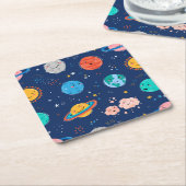 かわいい笑顔の惑星パターン スクエアペーパーコースター (アングル)