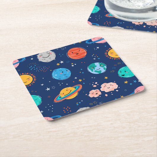 かわいい笑顔の惑星パターン スクエアペーパーコースター (アングル)