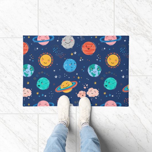 かわいい笑顔の惑星パターン ドアマット (室内)